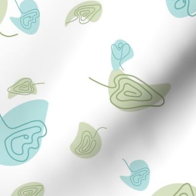 Curves and Contours of Flowers and Leaves on Patches of Teal and Green on a White Background