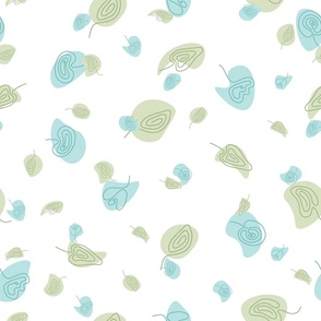Curves and Contours of Flowers and Leaves on Patches of Teal and Green on a White Background