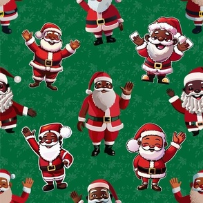 dark skinned santas waving and smilling, one direction on green leafy bg