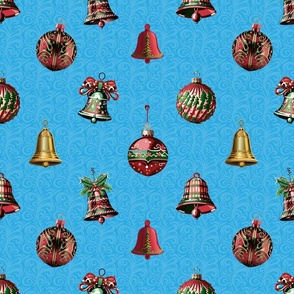 xmas ornaments and bells on dark blue