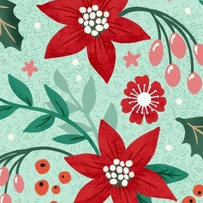 Joyous Poinsettia & Holly Holiday print in classic red, green pink and pale mint