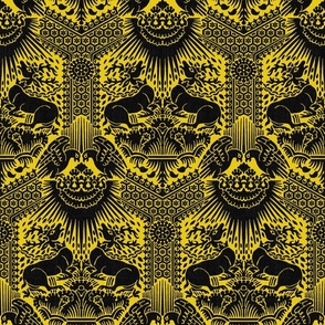 1390 Damask with Deer and Eagles, black on yellow