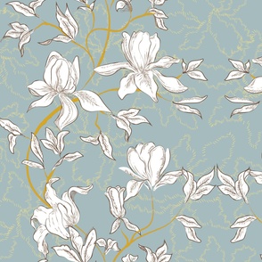 Lush Romanticism Antique magnolia flowers-large scale vintage homedecor, Nostalgic magnolias wallpaper,antiqued Magnolia Fabric - Flowers Fabric - Magnolia 