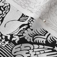 1390 Damask with Deer and Eagles, white on black