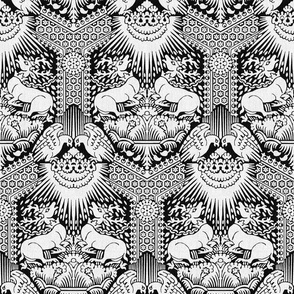 1390 Damask with Deer and Eagles, white on black