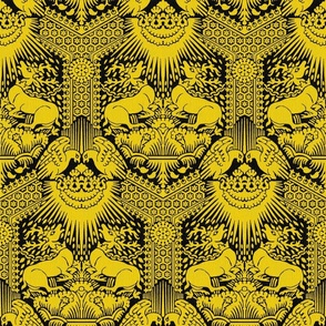1390 Damask with Deer and Eagles, yellow on black