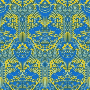 1390 Damask with Deer and Eagles, blue on yellow