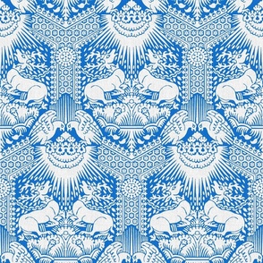 1390 Damask with Deer and Eagles, white on blue