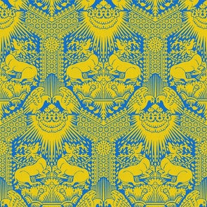 1390 Damask with Deer and Eagles, yellow on blue