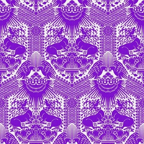 1390 Damask with Deer and Eagles, purple on white