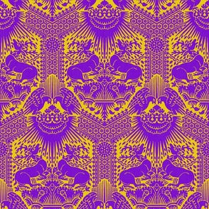 1390 Damask with Deer and Eagles, purple on yellow