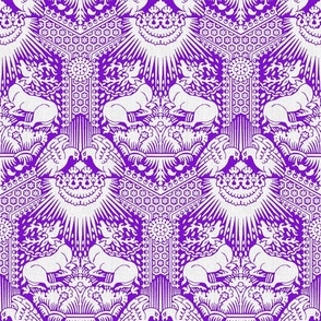 1390 Damask with Deer and Eagles, white on purple