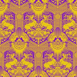 1390 Damask with Deer and Eagles, yellow on purple