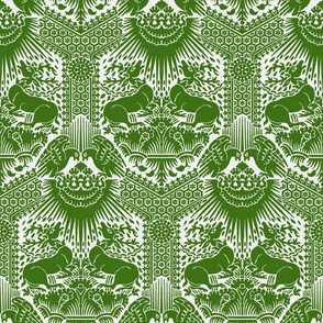 1390 Damask with Deer and Eagles, green on white