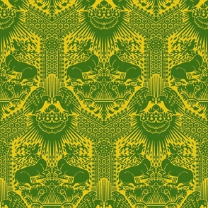 1390 Damask with Deer and Eagles, green on yellow
