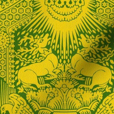 1390 Damask with Deer and Eagles, yellow on green