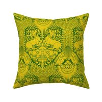 1390 Damask with Deer and Eagles, yellow on green