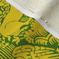 1390 Damask with Deer and Eagles, yellow on green