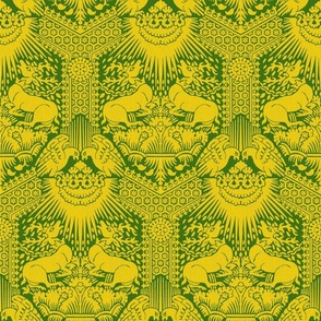 1390 Damask with Deer and Eagles, yellow on green