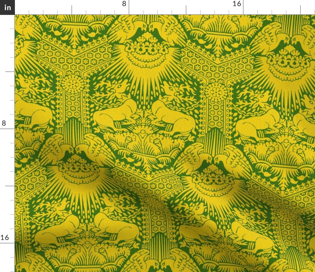 1390 Damask with Deer and Eagles, yellow on green