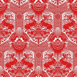 1390 Damask with Deer and Eagles, red on white