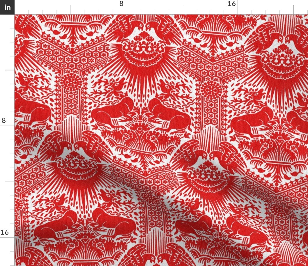 1390 Damask with Deer and Eagles, red on white