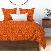 1390 Damask with Deer and Eagles, red on yellow