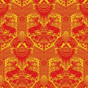1390 Damask with Deer and Eagles, red on yellow