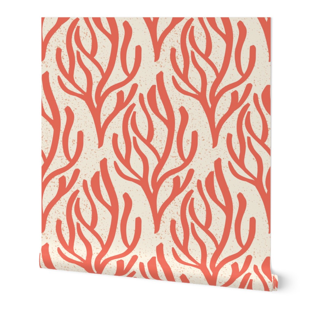 Serene Textured Coral in Coral Orange and Ivory Off White (Wallpaper Scale)