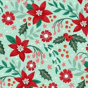 Joyous Poinsettia & Holly Holiday print in classic red, green, pink and pale mint