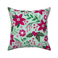 Joyous Poinsettia & Holly Holiday print in non traditional magenta, green and pale mint