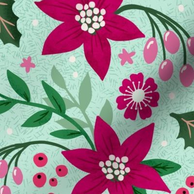 Joyous Poinsettia & Holly Holiday print in non traditional magenta, green and pale mint