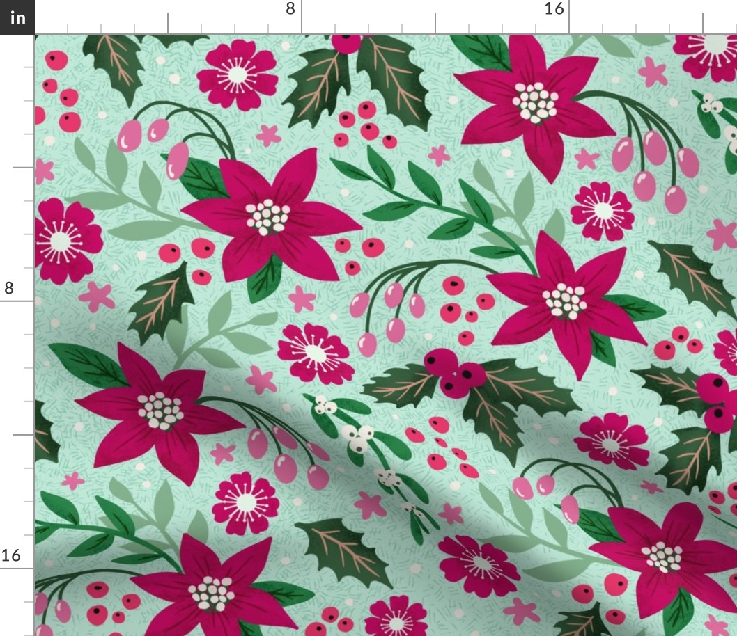 Joyous Poinsettia & Holly Holiday print in non traditional magenta, green and pale mint