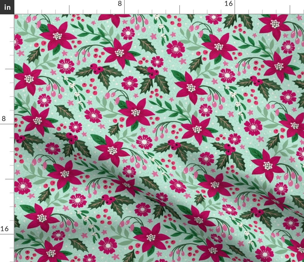 Joyous Poinsettia & Holly Holiday print in non traditional magenta, green and pale mint