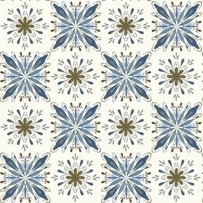 Garden Charm Tiles in Blue and Brown on Cream - 2x2 motifs