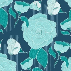 Light blue turquoise florals on a dark blue background