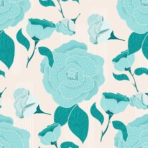Light blue turquoise florals on a cream white background
