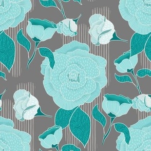 Light blue turquoise florals on a dark grey background
