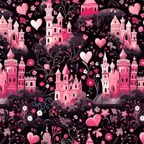 Valentine Castles Flowers and Hearts  Fun Fantasy in Hues of Pink and Black