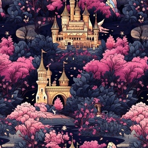 Golden Castles with Pink Leafy Trees Shrubbery and Crystal Rock