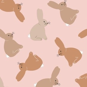 Cute Easter bunnies, brown neutrals on light pink 10.5x12.25