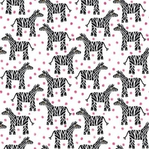 415 - Small scale black and white hand drawn textured grungy zebra with mauve pink organic irregular polka dot textured background, for kids décor, for savannah/tropical/wild theme nursery and children's  apparel, wallpaper, sheet sets and pyjamas. 