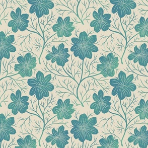 Block print  flowers teal and cream
