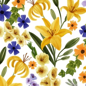Floral with Yellow Lily, Gladiolus, Ivy and Thunbergia Flowers, White Background, Large Scale