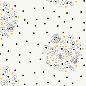 Line-Drawn Monochrome Cluster Bouquet and Dots on Off White 12in x 6in