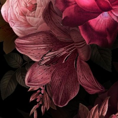 Vintage Moody Florals - Antique Roses and Nostalgic Gothic Mystic Night - Victorian Goth Wallpaper - burgundy 