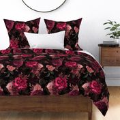 Vintage Moody Florals - Antique Roses and Nostalgic Gothic Mystic Night - Victorian Goth Wallpaper - burgundy 