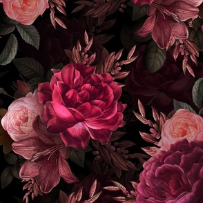 Vintage Moody Florals - Antique Roses and Nostalgic Gothic Mystic Night - Victorian Goth Wallpaper - burgundy 