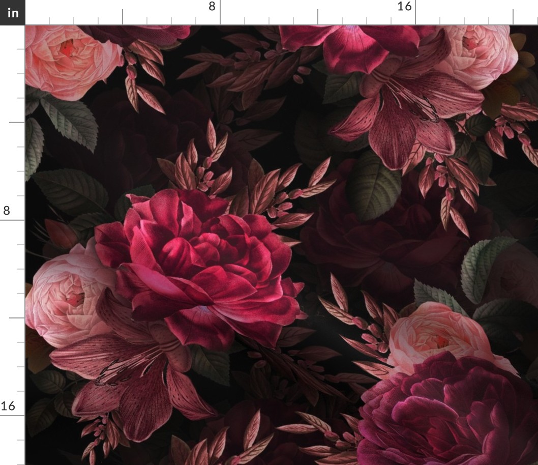 Vintage Moody Florals - Antique Roses and Nostalgic Gothic Mystic Night - Victorian Goth Wallpaper - burgundy 