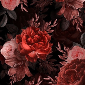 Vintage Moody Florals - Antique Roses and Nostalgic Gothic Mystic Night - Victorian Goth Wallpaper  - warm burgundy red